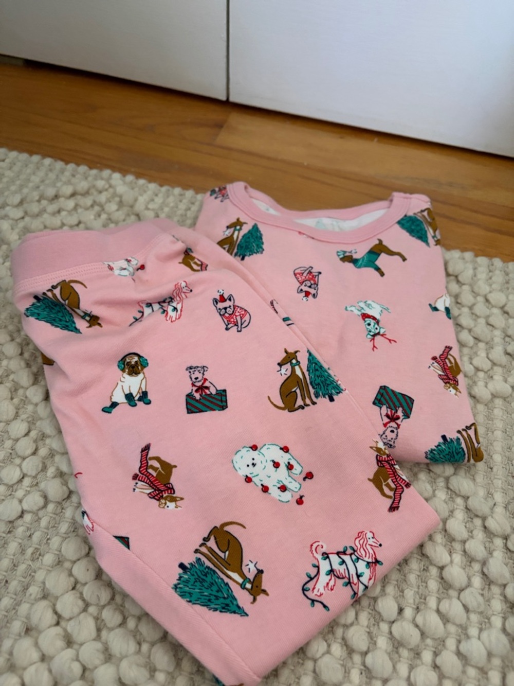 Crewcuts Pink Holiday Puppy & Tree Print Pajama Set
